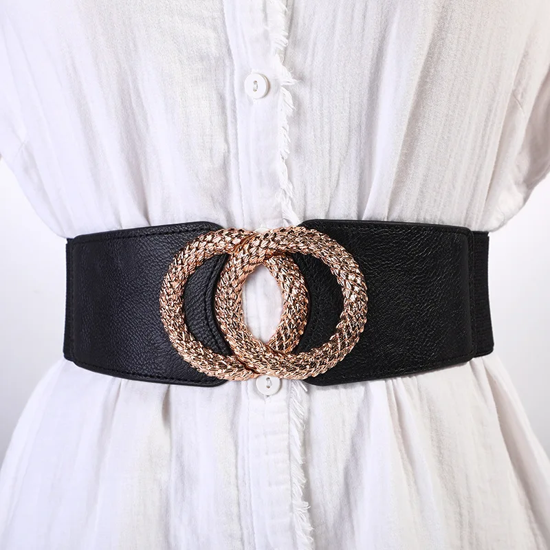 

Women Elastic Belts Luxury Brand PU Leather Double Circle Buckle Waist Strap Stretchy Dress Adornment Belt Ladies Wide Waistband