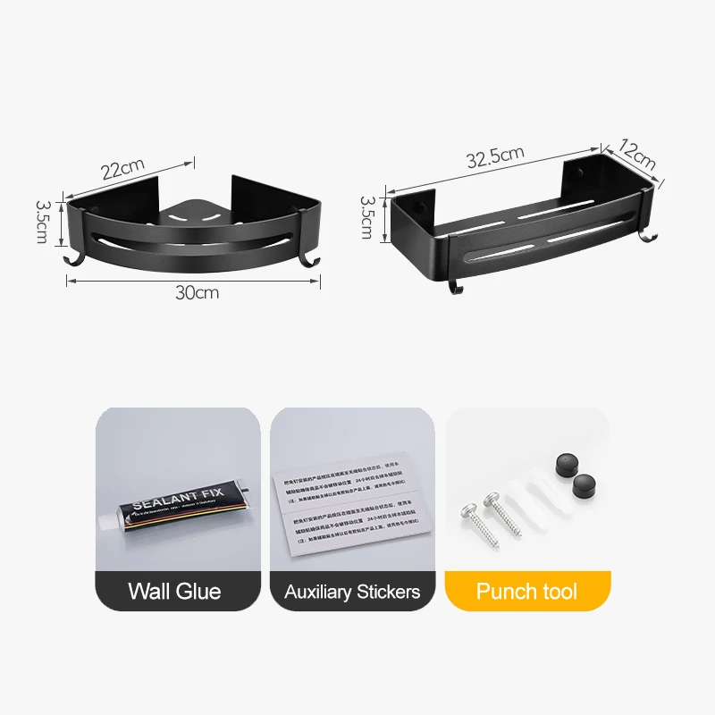 

Shelf Organizer Storage Rack Black Corner Shelves Wall Mounted Aluminum Shampoo Holder No Drill Bathroom Shelf Organizer