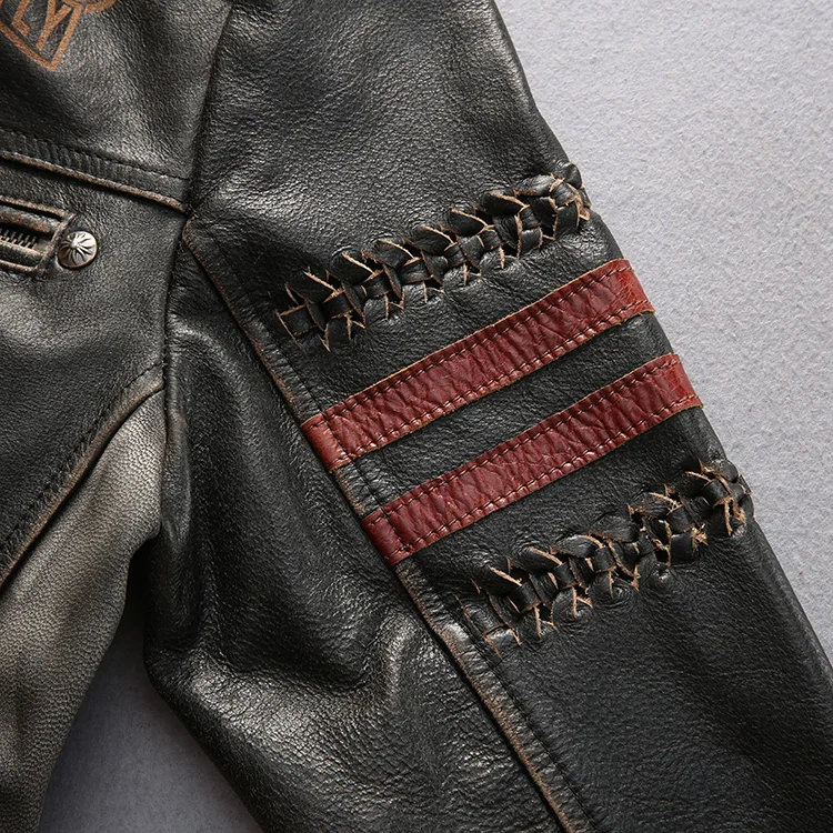 

Slim fit motorcycle Sculpture plait fashion biker for vintage real leather jacket men black XXXL