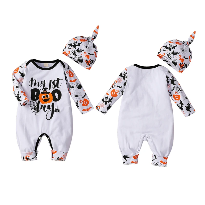 

Pudcoco 0-12M 2Pcs Halloween Festival Costumes Cartoon Letter Print Cute Long Sleeve O-Neck Romper Jumpsuit Leotard+Hat Outfit