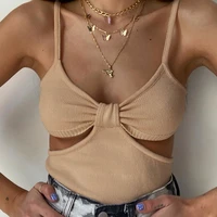 sexy ribbed knit v neck spaghetti strap camisole cut out hollow out crop top sleeveless summer women club party fashion outfits