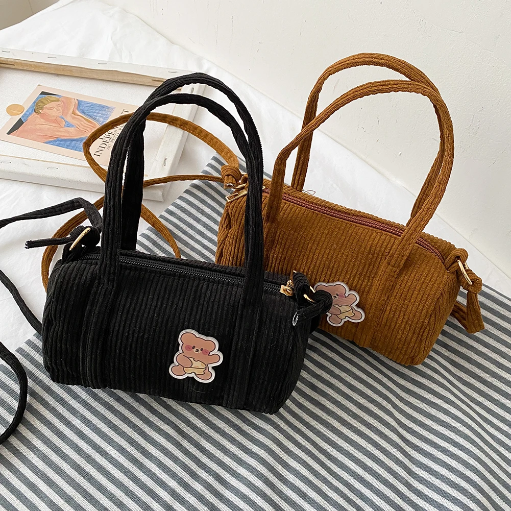 

Casual Corduroy Bear Pattern Shoulder Messenger Bags for Women 2021 Fashion Female Cylinder Small Pillow Crossbody Handbags