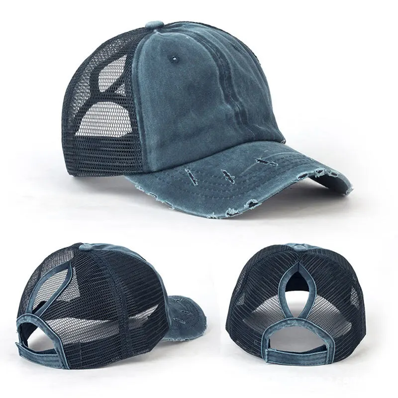 

2021 New Mesh Breathable Summer Ponytail Sun Hat Ladies Baseball Cap Washed Cotton Peaked Cap Bonnet Cute Hat