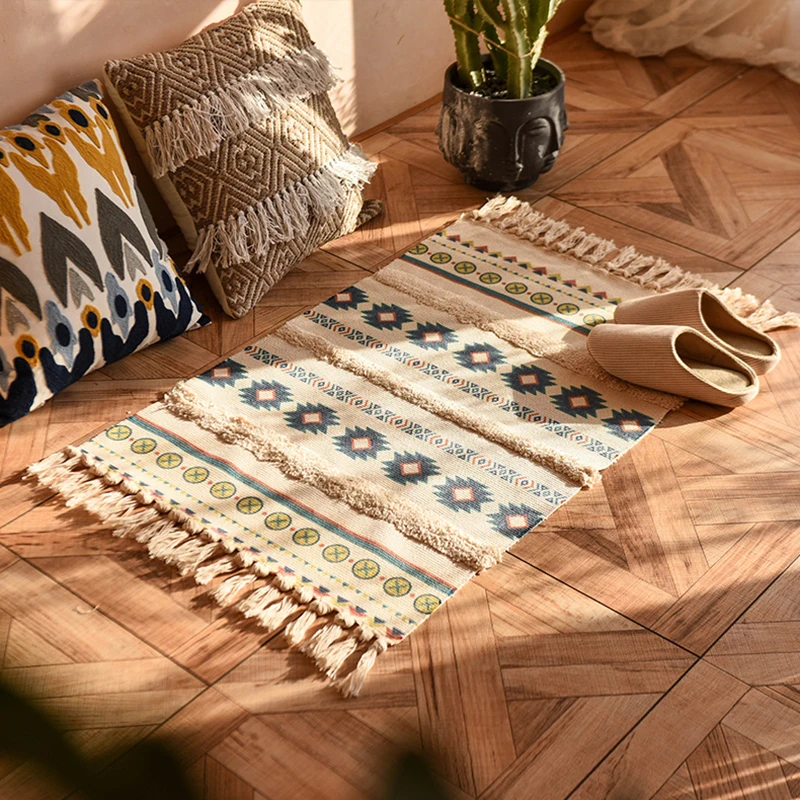 

Retro Bohemian Hand Woven Tassel Carpet for Home Living Room Home Decor Bedside Linen Rug Table Runner Door Linen Mat 60x90cm