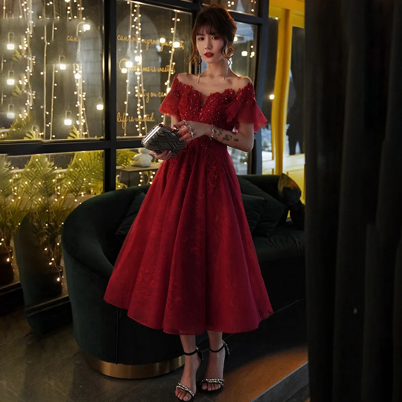 

Special Occasion Dresses Embroidery A-Line Boat Neck Ankle-Length Burgundy Tulle Pleat Short Sleeve Lady Formal Party Gown E1147