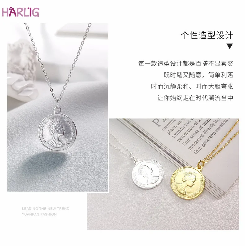 

Harlig sterling silver S925 gold color coin necklace for women allergy free fashion jewelry trendy style