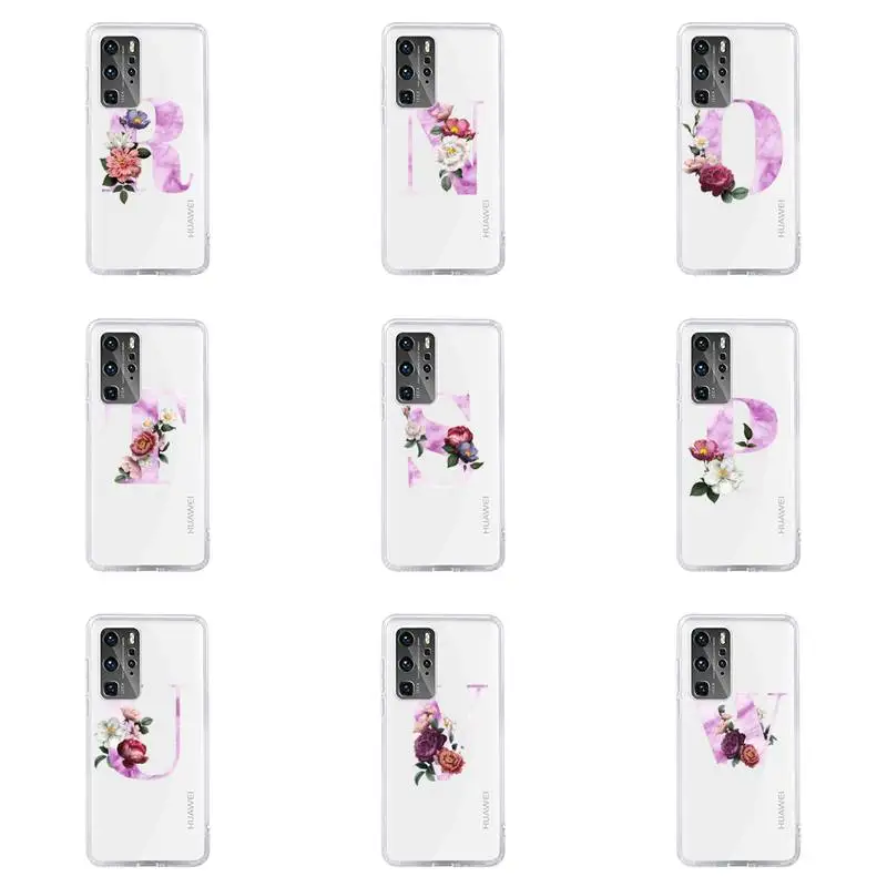 

Alphabet flower Phone Case Transparent For Huawei honor V 9 8 10 20 7 i S A C X pro lite play Soft TPU Clear Mobile bags