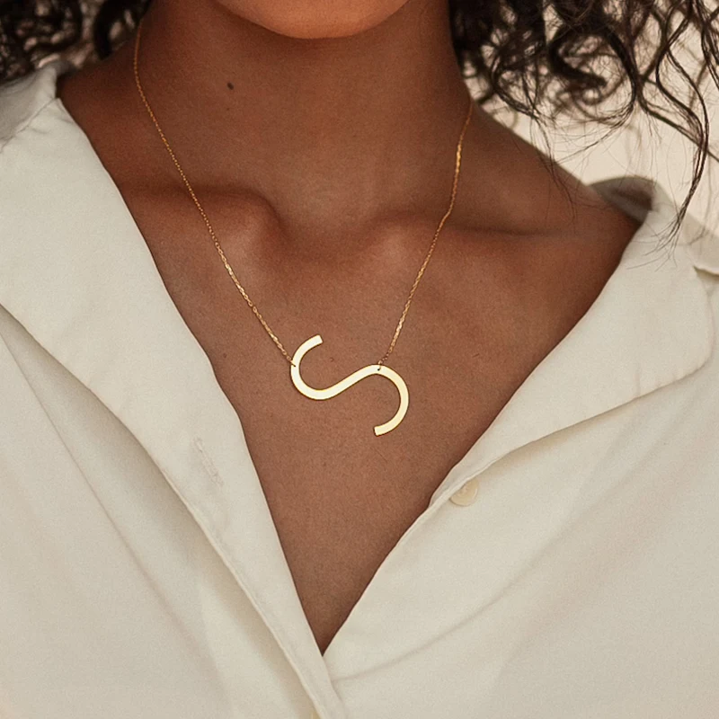 

Large Stainless Steel English Letter Name Initials Custom Necklace for Women Fashion Pendant Choker Necklace Personalized Gift