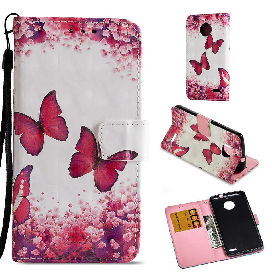 luxury leather flip case for motorola moto c g5s plus e4 g5 play owl skull pony flower cover stand phone case capa p03e free global shipping