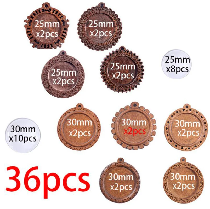 

36PCS 25/30mm Wooden DIY Support Glass Clothing Jewelry Accessories Time Gem Shape Home Decoration Hanging Style Combination Set