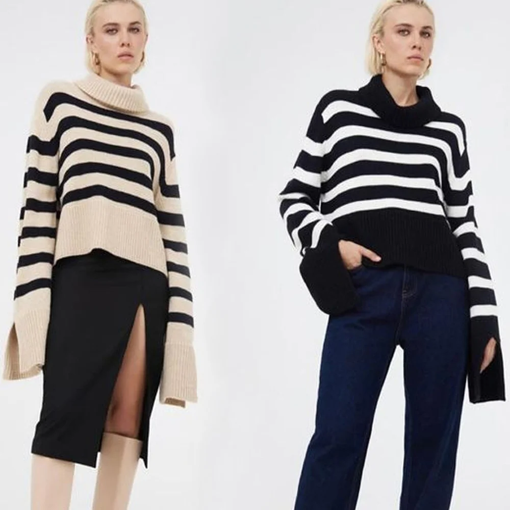 

Осень-зима 2021, пуловер с высоким воротником, повседневный свободный свитер в полоску, с длинным разрезом и расклешенными рукавами, теплые св...
