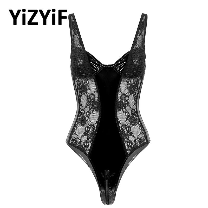 

Women Wet Look Patent Leather Lingerie Bodysuit Sexy Deep V Neck Lace Spliced Leotard Bodysuit Lingerie Erotic Costume Nightwear