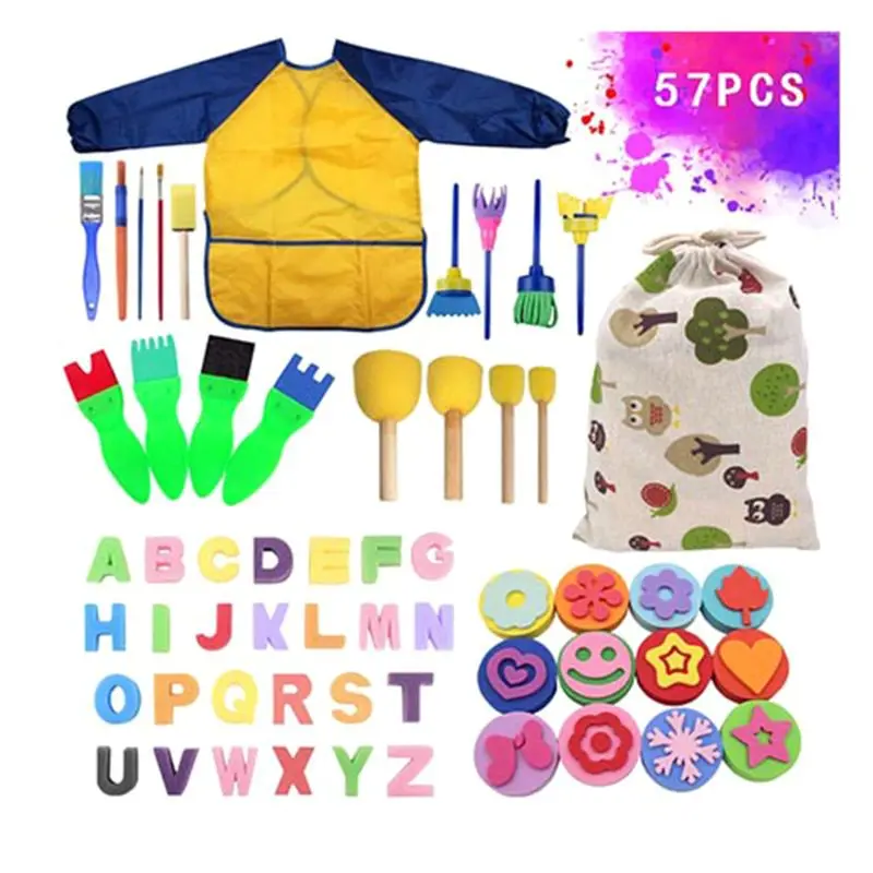 

57 Pcs/Set Washable Sponge Painting Brushes with Cloth Bag Kids Paintbrush Toy K3KB