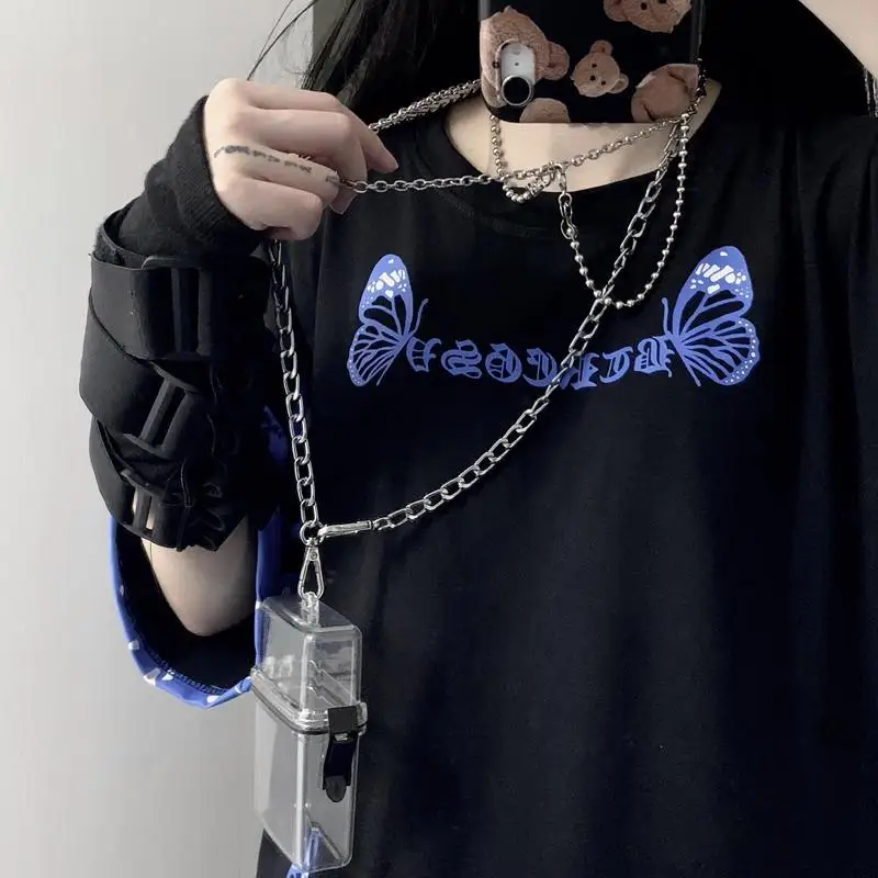 

Woman Summer Casual White O-neck Butterfly Print T Shirt 2021 Fashion Loose Black Short Sleeves Street T Shirts For Women