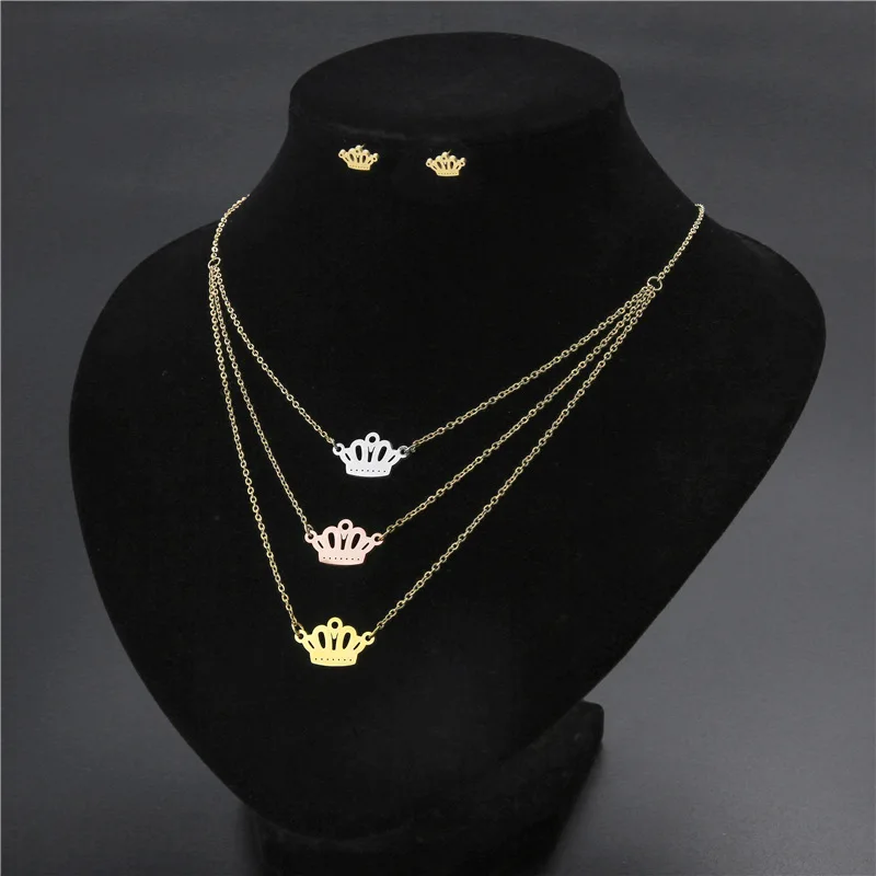 

Stainless Steel Exquisite For Women Girl Smiley Earrings Colorful Tricolor Crown Three-Tier Chain Necklaces Sets Jewelry Gift