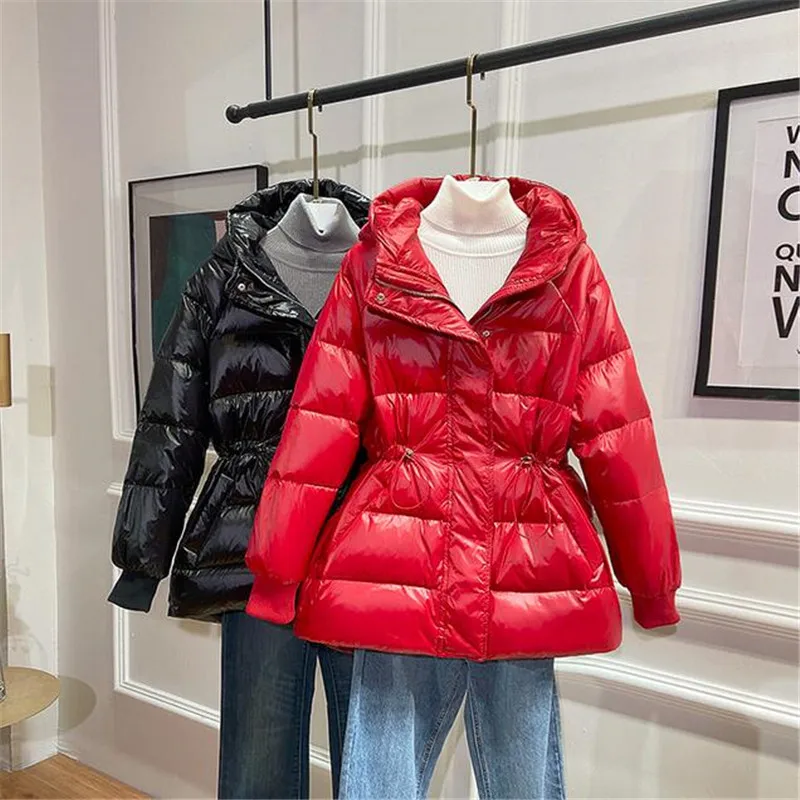 Новые женские парки глянцевая ткань шнурок с капюшоном пуховик пальто | Женская