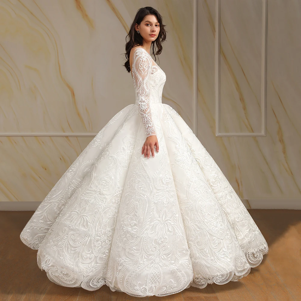 Elegant Long Sleeve Wave Ball Gown Wedding Dress 2021 Luxury Boat Neck Lace Sequins Wedding Bridal Gowns Robe de Mariee
