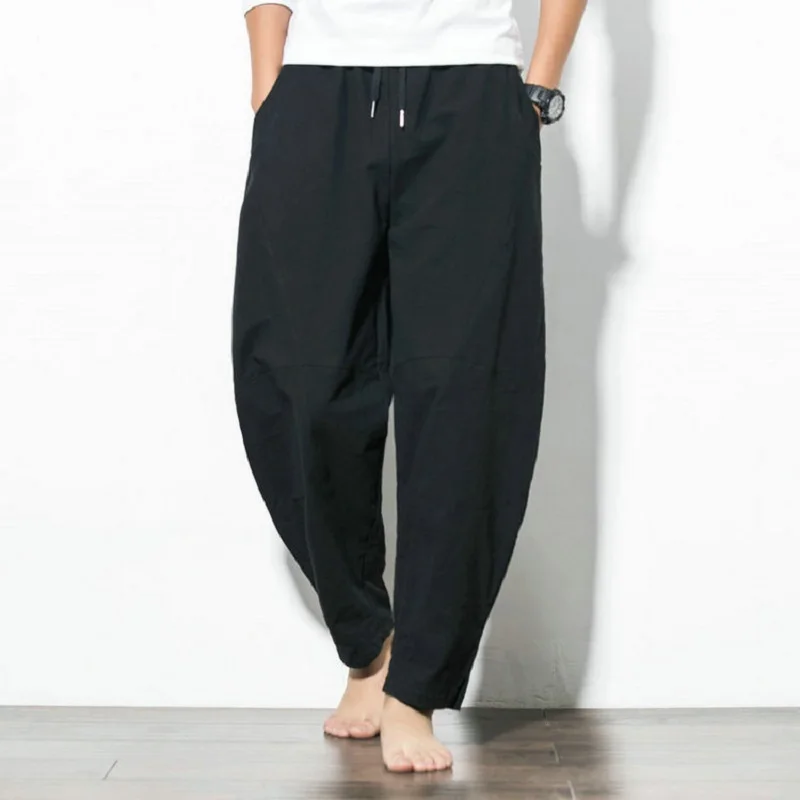 

Men's Linen Cotton Loose Casual Straight Pants Light Elastic Medium Waist Plus Fat Oversize Riding Sports Pants