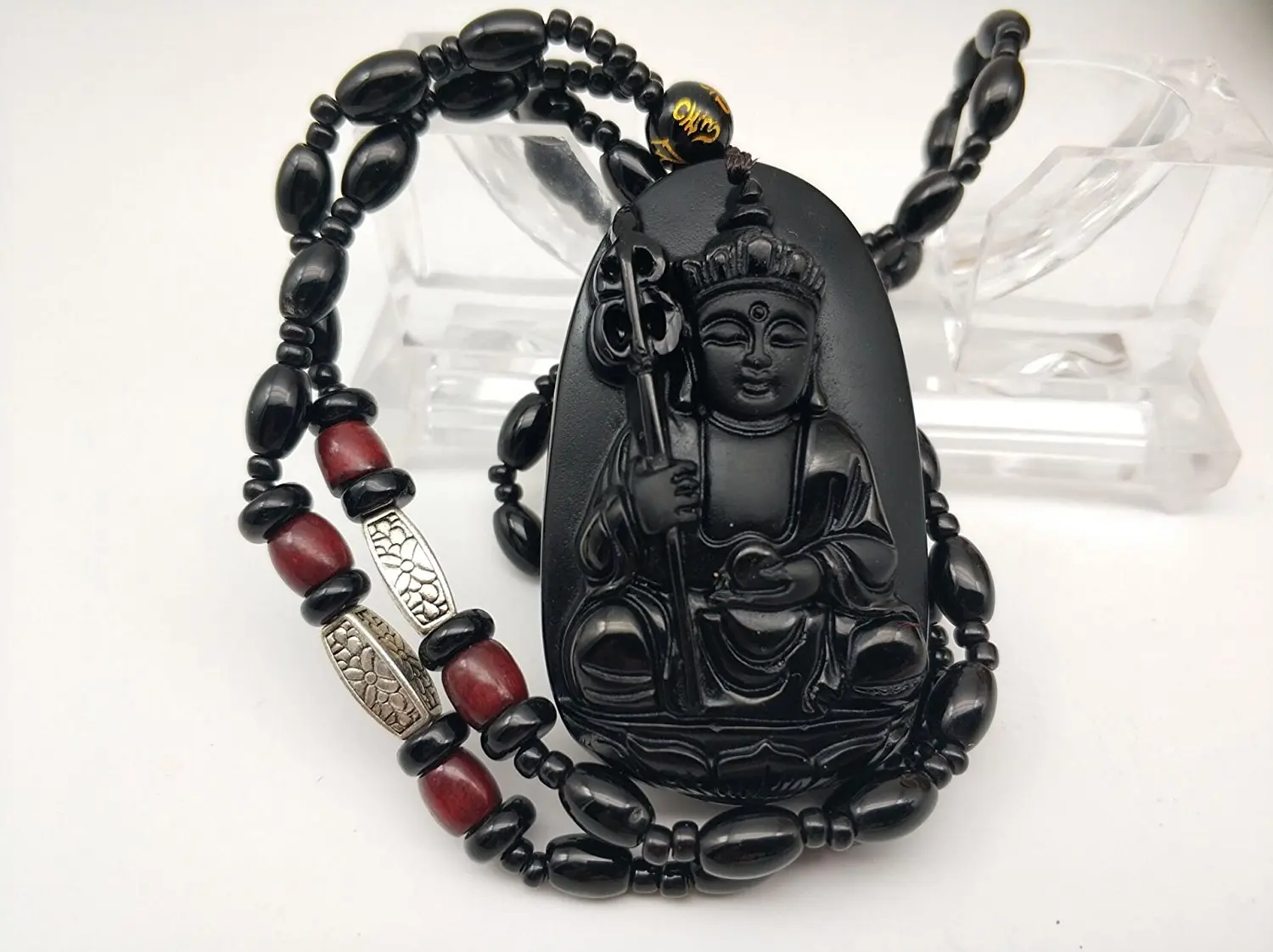 LETSFUN Fine Jewelry Clin-kk Pure Natural Obsidian Tibet Buddhism Jizo King Di Zang Buddha Necklace Pendant Free Shipping | Украшения и