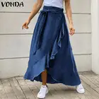 Женская джинсовая юбка VONDA 2021, повседневная винтажная Праздничная трапециевидная юбка с высокой талией и оборками, юбки большого размера