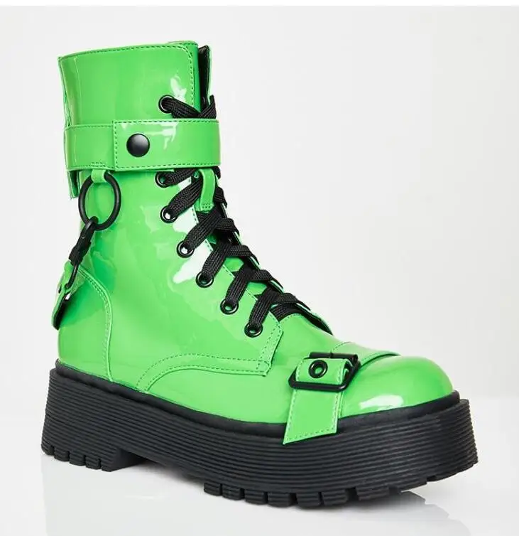 

Green Patent Leather Punk Boot Buckle Strap Thick Platform Lace-up Ridding Boot Round Toe Rubber Sole Leisure Ankle Boots
