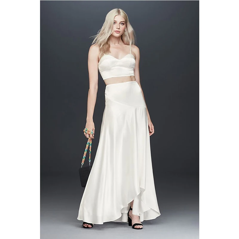 

Two Piece Crop Top V-Neck Spaghetti Straps Pleats Dew Shoulder Evening Dresses for Women Sleeveless 2021 New Design Fashion Gown