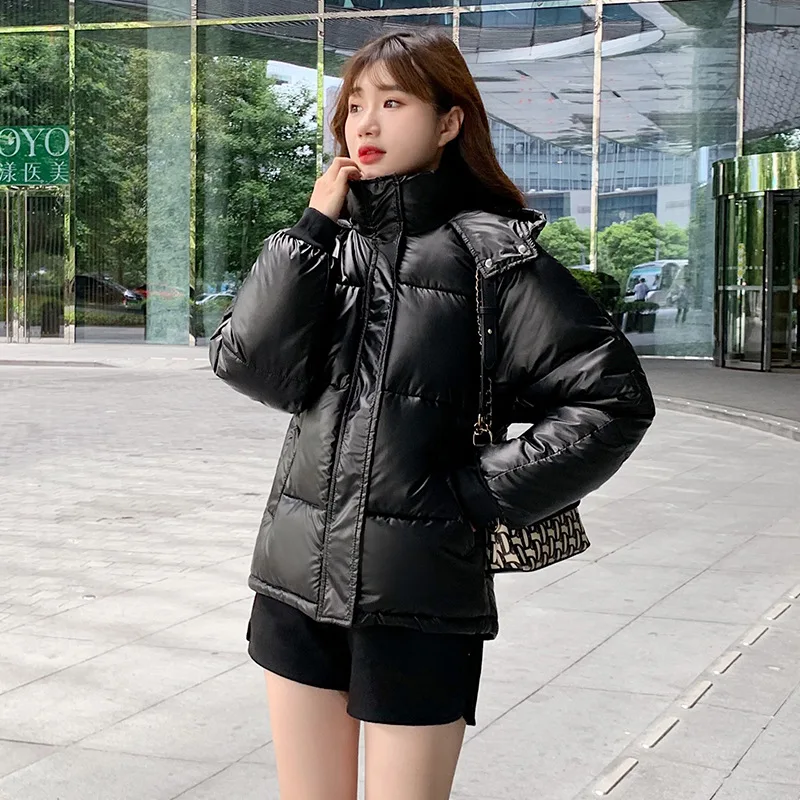 2021 purple cotton-padded jacket women's new fashion casual hooded thick loose bread winter cotton short coat