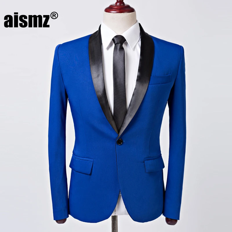 Aismz Mens Fashion Royal Blue Shawl Collar Suit Coat Casual Wedding Business Male Blazer Jacket Masculino Slim Fit Hombre | Мужская