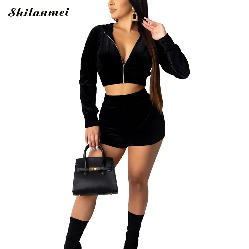 

Summer Autumn Fashion Two Piece Set Women 2020 Fashion Tracksuit Women Long Sleeve Zip Hoody Crop Top + Shorts Fashion Outfits