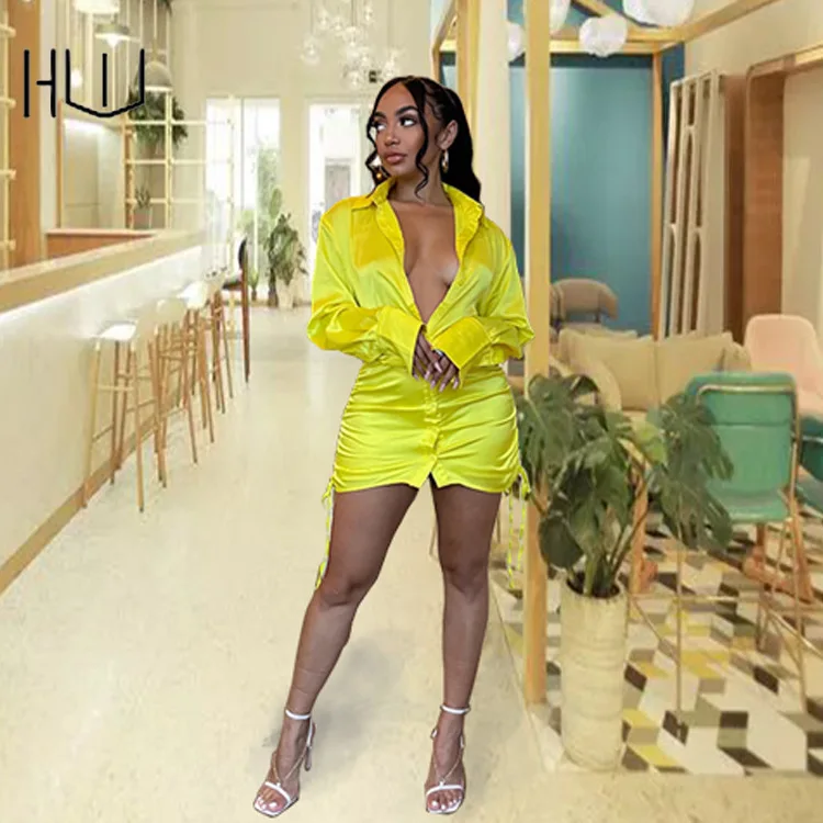 

Autumn Shirt Dress Long-sleeved Pleated Drawstring Mini Dresses Office Lady Deep V-neck Blouse Vestiddos Casual Overalls Outfits