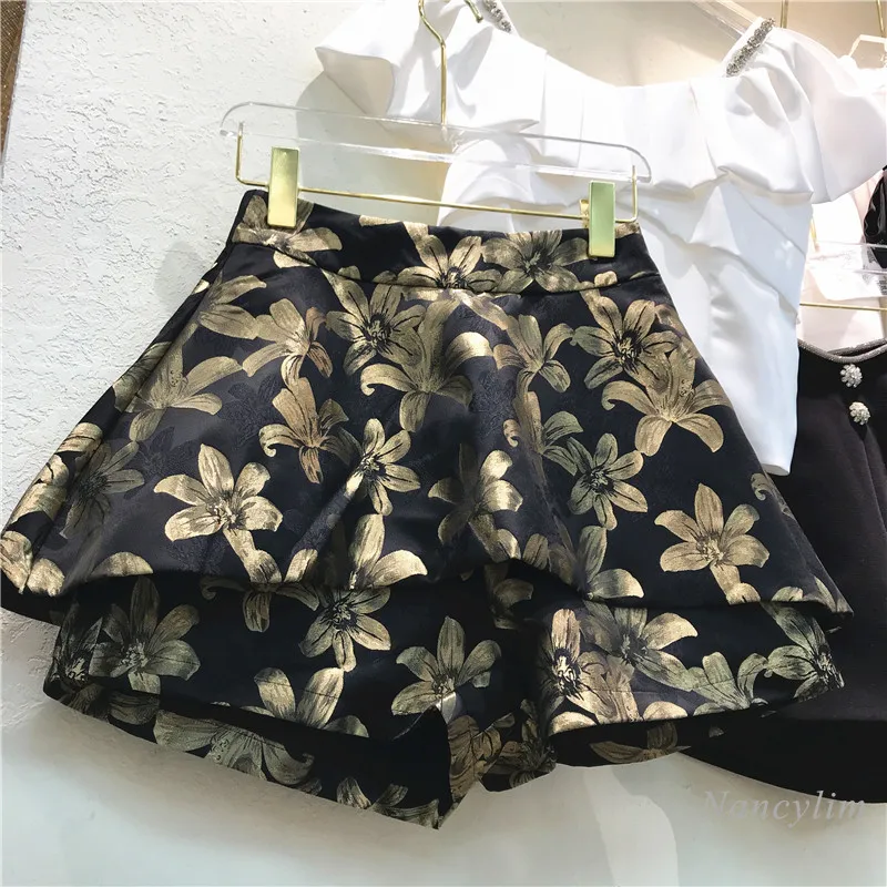 Bronzing Printed Retro High Waist Irregular Shorts Women 2021 Summer Anti-Emptied Pantskirt Short Femme Zipper Behind Nancylim