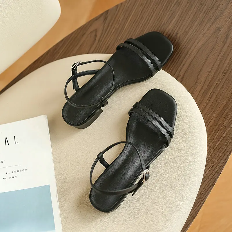 

NIKOVE 2020 PU+Leather Summer Sandals Women Shoes Platform Square Low Heel Elegant Ankle Strap Casual Shoes Size 34-40