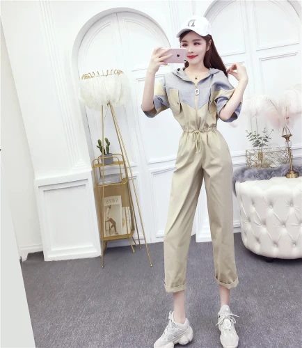 

Contrast Rompers Womens Jumpsuit Hooded Patchwork One Piece Pants Loose Combinaison Femme Casual Jumpsuits Salopette