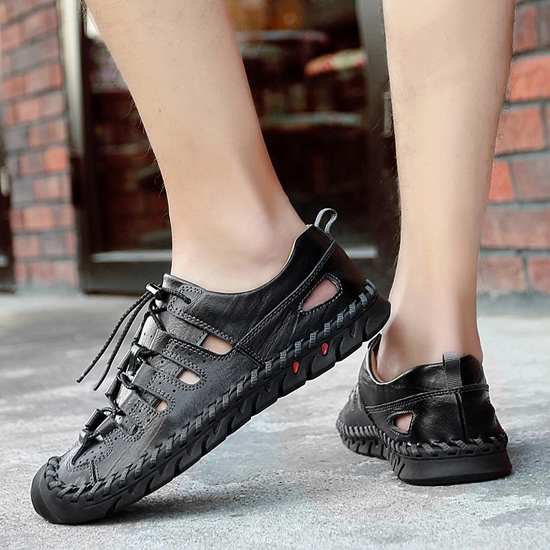 

Sandal Men summer outdoor Sandals Genuine Leather handmade sewing Men Outdoor Shoes breathable Men Leather Shoes Big size 48