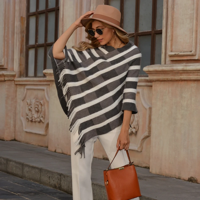 

Women Stripe Tassel Sweater Shawl Knitted Capes Autumn Winter Pullover Poncho
