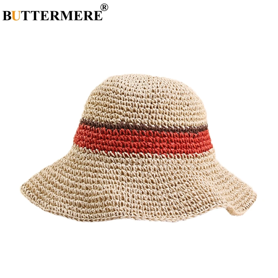 BUTTERMERE Womens Summer Bucket Hats Straw Patchwork Fishing Cap Female Elegant Grey Pink Folding Ladies Crochet Sun Hat Fashion
