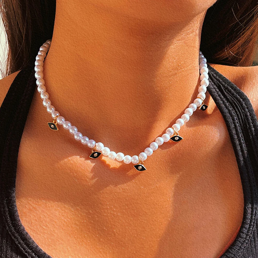 

Turkey Black Evil Eye White Pearl Beaded Necklace Women's Neck Chain Crystal Eye Charm Imitation Pearl Choker Boho Party Jewelry
