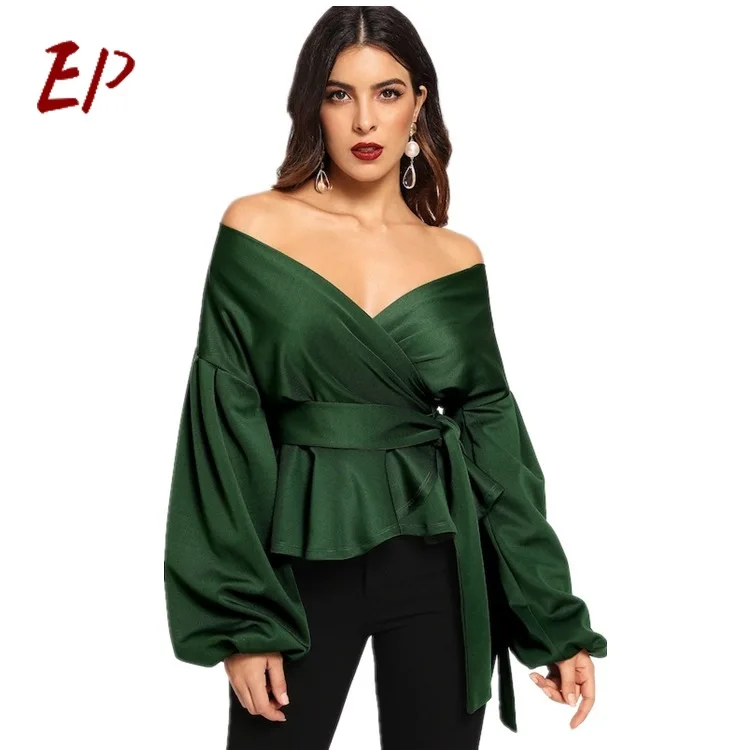 

EP New Arrival Women's Shirt Sexy Shoulder Lanterns Sleeve Tops Bow Twisted Shirt V-neck Blouse