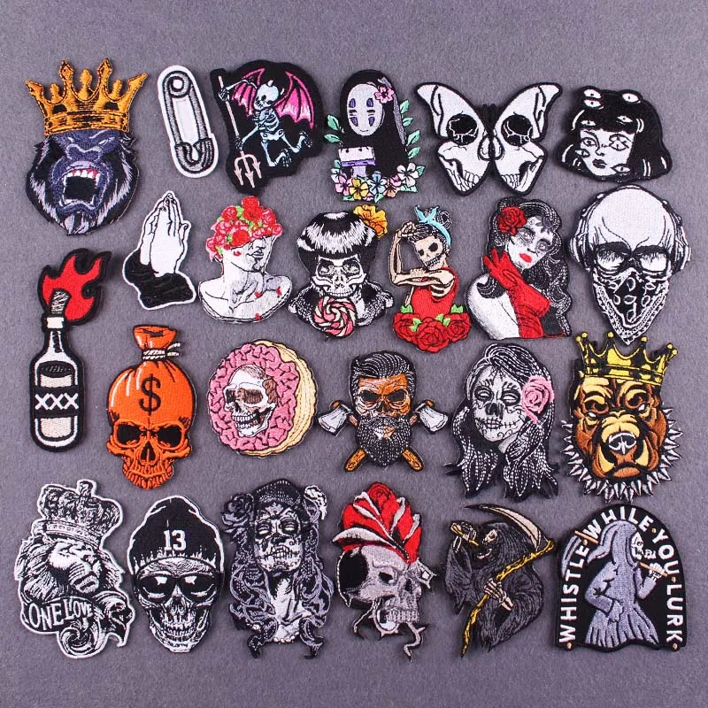 

Punk Diy Embroidery Patches For Clothing Stripe Skull Embroidered Patches For Clothes Appliques For T-shirt Jacket Lion Patch