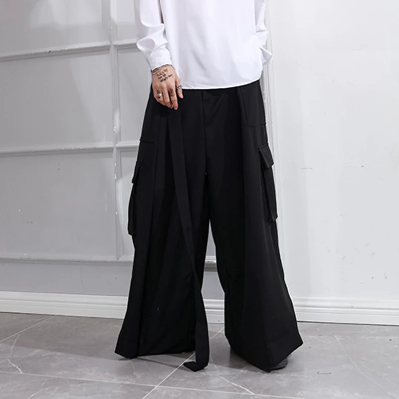 Dark black men's overalls design sense minority pants skirt floor loose Japanese retro wide leg pants cargos for men