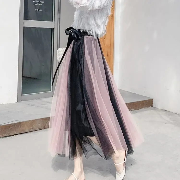 

Women Splice Color Tulle Skirt Women 2023 Spring Summer Casual Patchwork Pleated Skirts Female Elegant High Waist Long Skirt 287