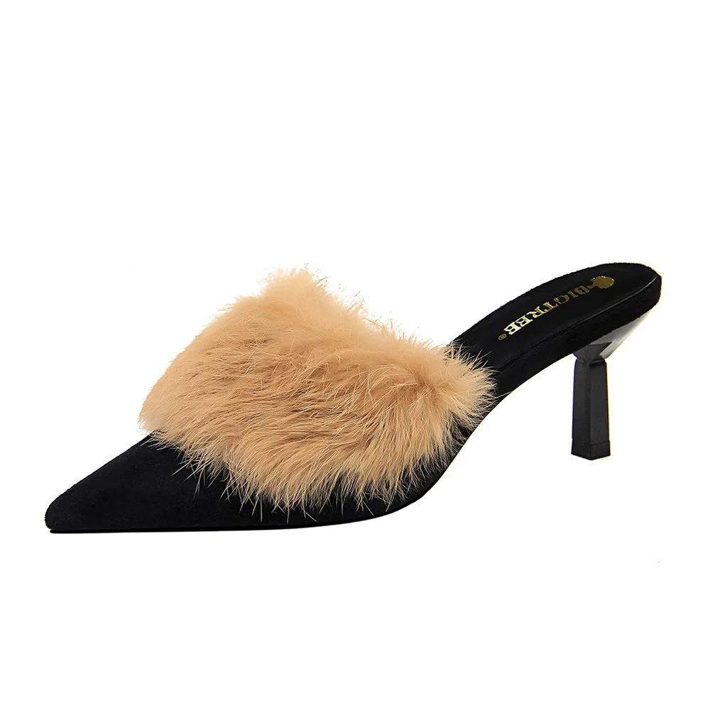 Модные женские тапочки в Корейском стиле туфли на высоком каблуке шпильке с