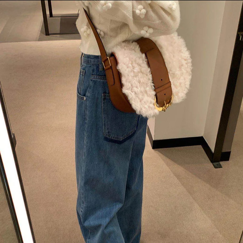 

Youda 2021 New Winter Women Plush Saddle Bag Shopping Diagonal Bags PU Retro Fashion Shoulder Pack Female Wild Street Packet