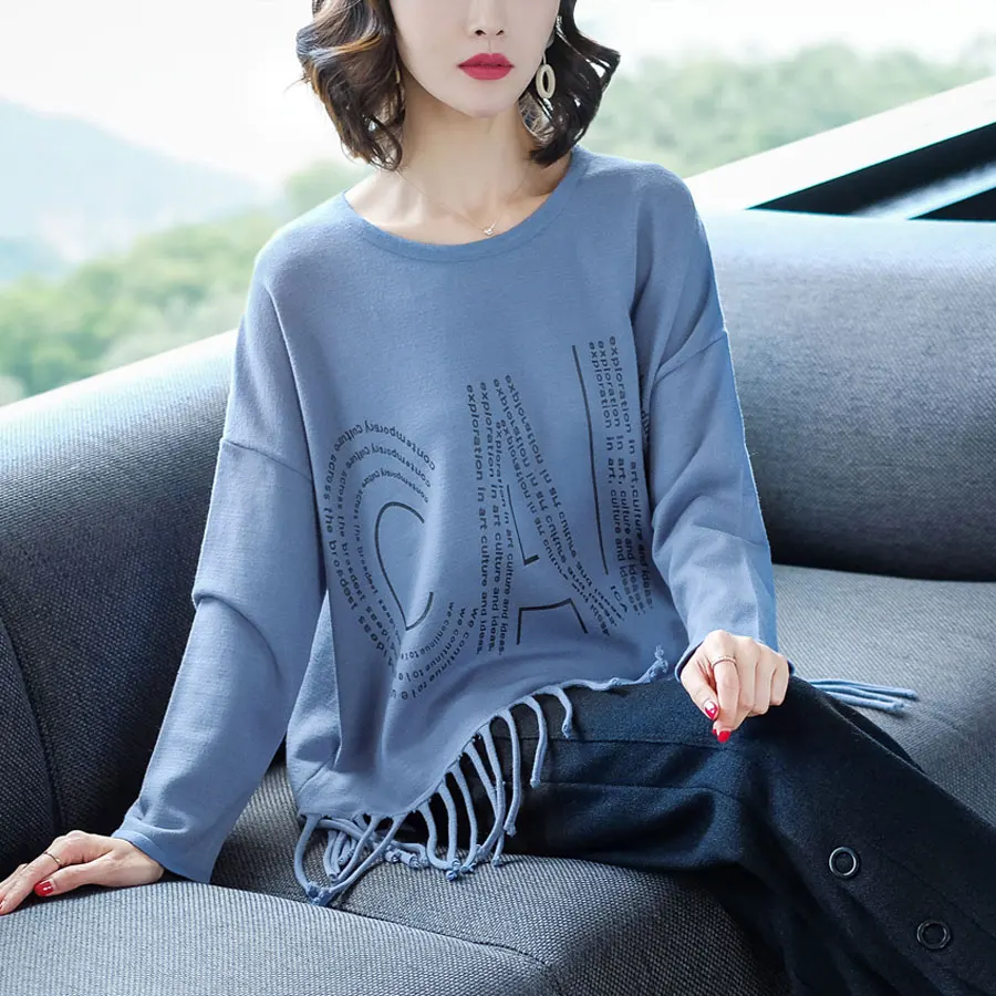 Женский однотонный вязаный свитер с круглым вырезом и кисточками 2019 осень зима