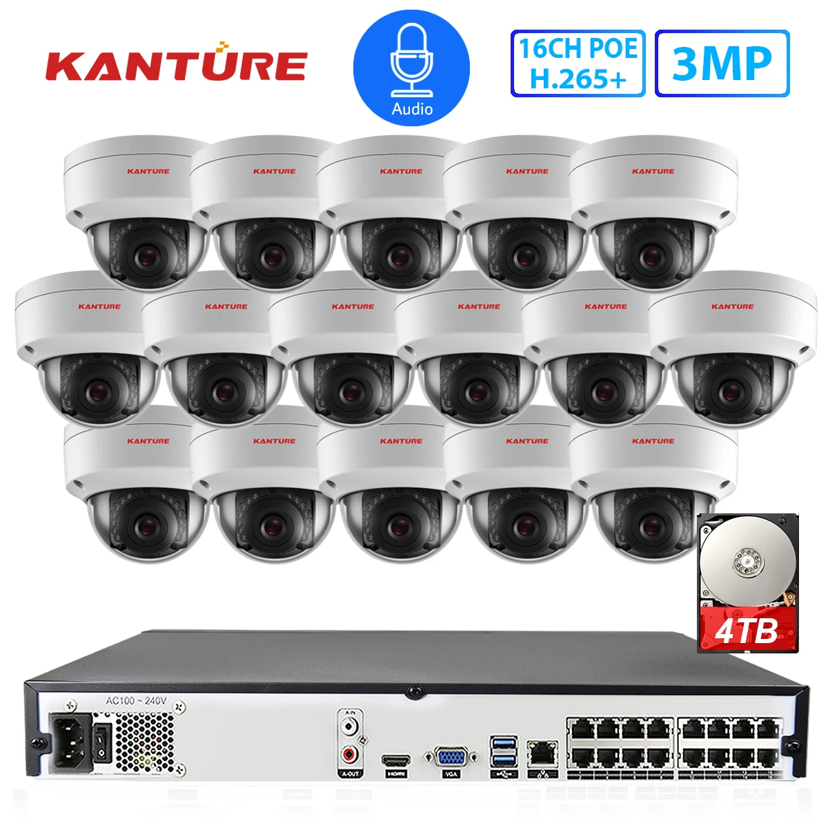 KANTURE H.265+ CCTV 16CH 5MP POE NVR система аудио 3MP IP66 Антивандальная камера безопасности для помещений и улицы комплект видеонаблюдения