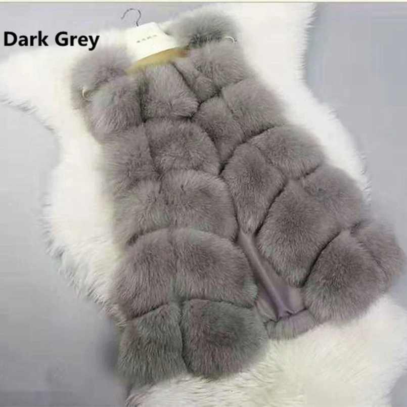 Dark Grey Элегантный женский жилет средней длины из искусственного меха, высокое качество, модный теплый зимний жилет из искусственного лисьего меха, куртка из искусственного меха и пальто - Цвет: Dark Grey