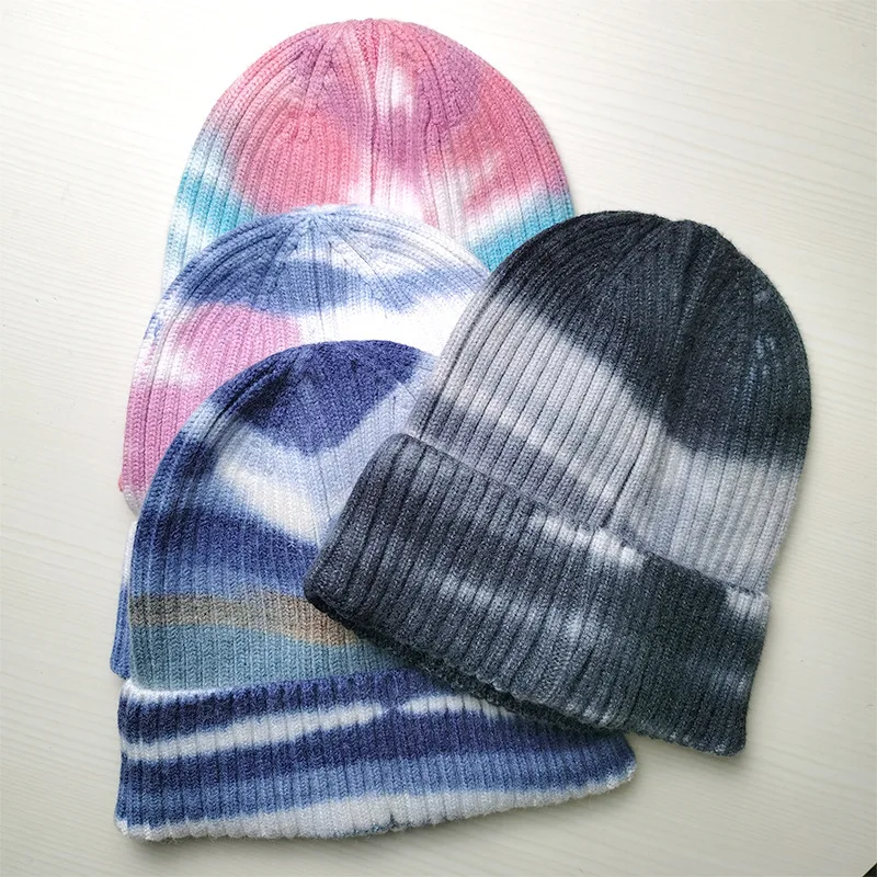 

2020 Fashion Tie-dye Winter Beanie Hat for Women Knitted Beanie Hat Colorful Skullies Cap Autumn Fur Hats Female