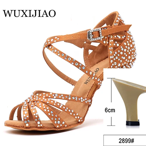 bronze heel 6cm WUXIJIAO Женская танцевальная обувь для вечеринки Атласная блестящая обувь для латинских танцев с мягкой подошвой и стразами Женская обувь для сальсы heel5CM-10CM - Цвет: bronze heel 6cm