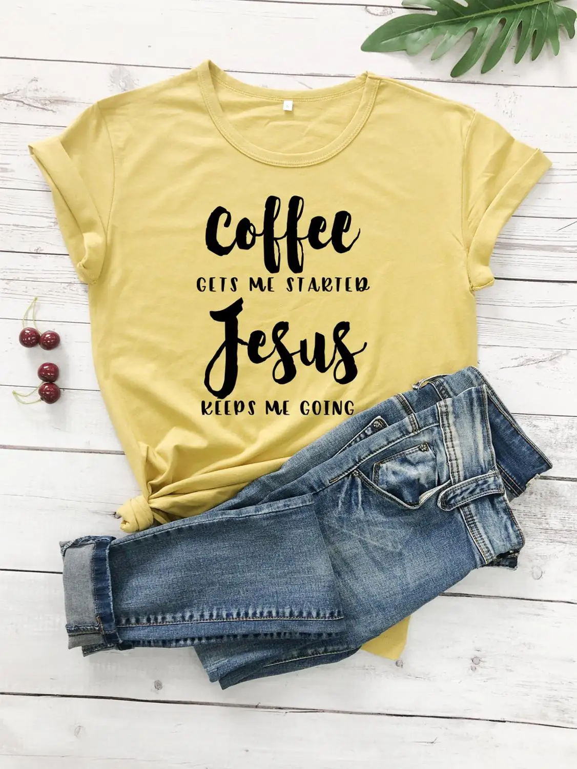 Футболка с надписью «coffee Gets Me Started Jesus», религиозная одежда, Стильная хлопковая футболка, забавный стих из Христианской Библии, графитная одежда, Топ - Цвет: mustard--black text