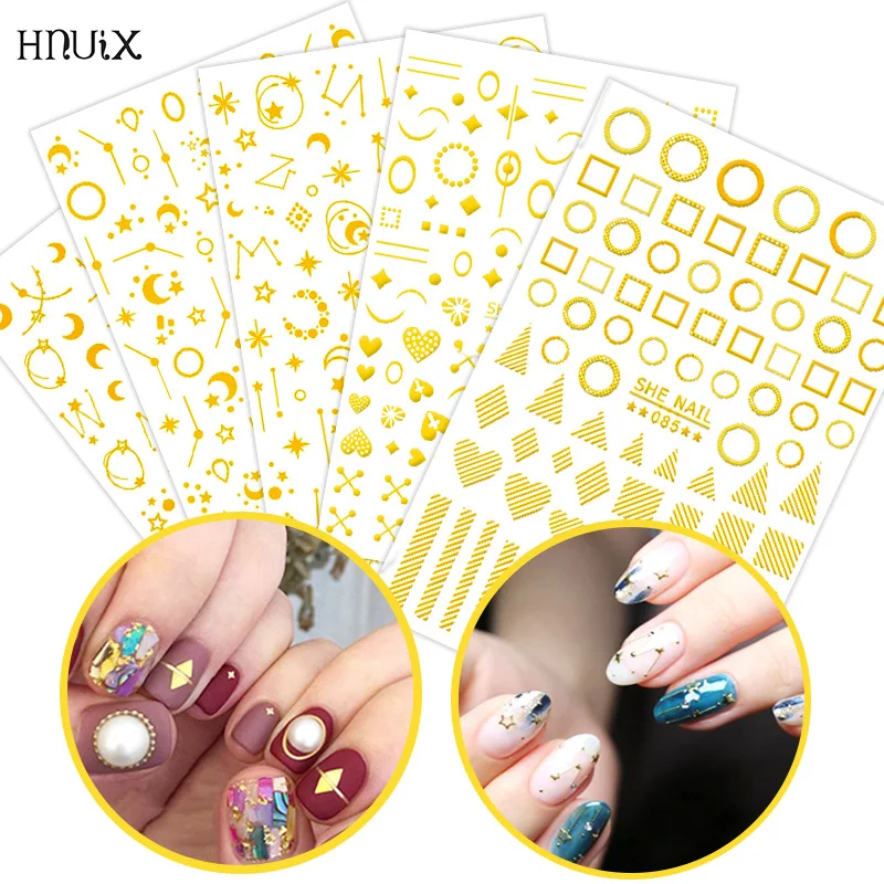 

HNUIX 1 Pieces 3D Nail stickers Golden Stars Moon 3D Triangle Square Self Adhesive Tips Nail Art Decorations jewelry decals